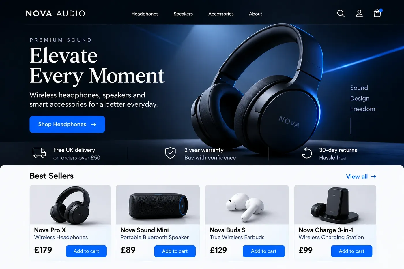 Nova Audio online shop, an example website design, on a laptop